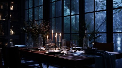 Elegant candlelit dinner setting in a cozy cabin on a winter evening