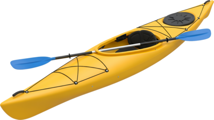Yellow recreational kayak with blue paddle resting inside black bungee cords and seat Watercraft Boating transparent background