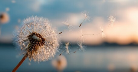 Obraz premium Dandelion seed head in soft focus, with seeds dispersing in sunset light