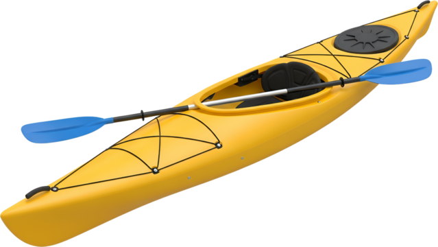 Yellow recreational kayak with blue paddle resting inside black bungee cords and seat Watercraft Boating transparent background