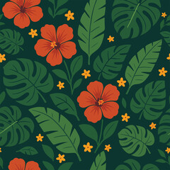 Tropical Floral Seamless Pattern with Red Hibiscus