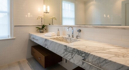 Fototapeta premium Modern bathroom vanity with marble countertop and chrome faucet showcases elegance and style