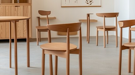A serene dining area showcases a wooden table and chairs alongside a wall hanging, emphasizing minimalist Chinese design illuminated by bright natural light