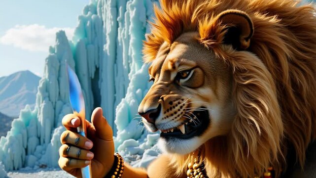 Lord Narasimha's powerful face emerges against an eternal ice peak, 4k video footage, evoking divine strength and epic scale