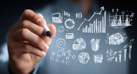 Hand drawing business charts on a transparent surface