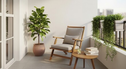 Fototapeta premium Serene balcony with a cozy chair, potted plant and city view for relaxation