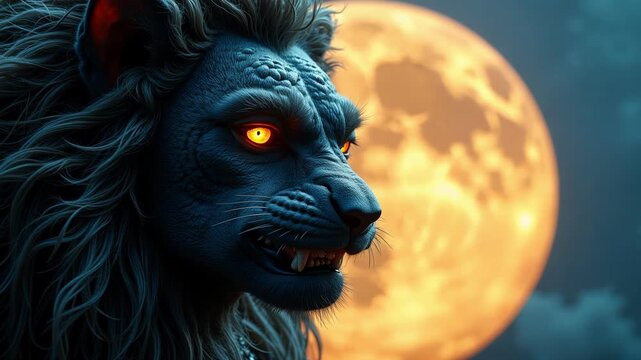 Stunning close up of Lord Narasimha, unreal and powerful against a glowing full moon, 4k video footage perfect for mythology projects