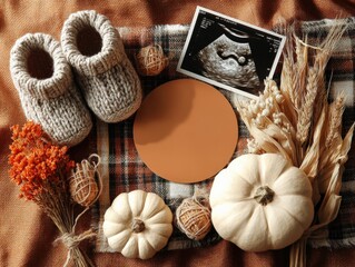 Cozy Autumn Pregnancy Announcement Still Life with Baby Booties, Ultrasound, and Decorative Gourds