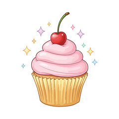A cute cartoon cupcake with pink frosting, a red cherry on top, and colorful sparkles, isolated on a white background.
