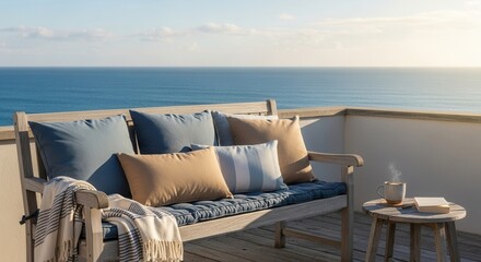 Serene ocean view balcony scene with cozy seating and warm beverage evokes relaxation