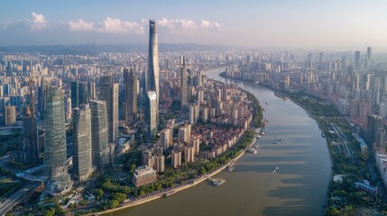 Modern Metropolis: Panoramic Aerial View of a Cityscape with River and High-Rise Buildings on a Sunny Day
