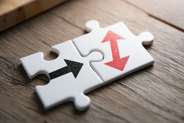 Two white jigsaw puzzle pieces, one with a black arrow pointing left, the other with a red arrow pointing right, on a light brown wooden surface