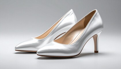 Elegant white high-heeled shoes with pointed toes and stiletto heels&mdash;glossy finish and light beige interior, positioned side by side on neutral background