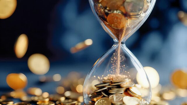 Hourglass with golden coins replacing sand, symbolizing wealth, investment, and time value