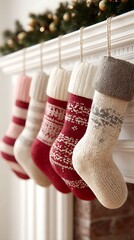 Christmas stockings filled with gifts hanging festive fireplace