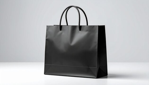 Glossy black shopping bag with sturdy handles—standing upright against light gray background