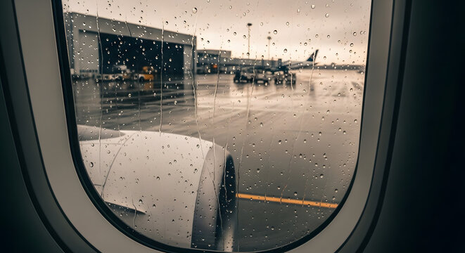 Airplane window view of airport tarmac on a rainy day with raindrops on glass