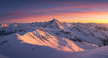 Majestic mountain peaks covered in snow at sunset glowing pink  