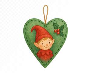 Felt Christmas elf heart ornament with stitched edges, decorated with holly leaves and red berries, cozy handmade festive holiday hanging decoration. Watercolor vector illustration.