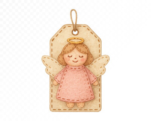 Felt angel tag ornament with stitched edges, handmade Christmas decoration featuring cute angel in pink dress with wings and halo, cozy festive holiday hanging label. Watercolor vector illustration.