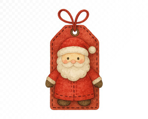 Felt Santa Claus tag ornament with stitched edges, cute red Christmas label decorated with Santa figure, cozy handmade festive holiday hanging decoration. Watercolor vector illustration.
