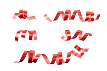 set of curly red gift ribbon strings isolated on white or transparent png
