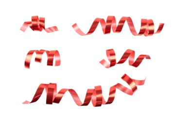 set of curly red gift ribbon strings isolated on white or transparent png