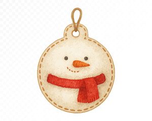 Felt snowman ornament with stitched edges, decorated with a red scarf and carrot nose, cozy handmade Christmas holiday hanging decoration in textile craft style. Watercolor vector illustration.