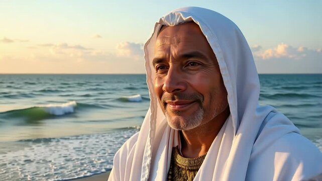 Lord Sai Baba's serene face against a tranquil ocean horizon, evoking spirituality and peace in a breathtaking 4K video.