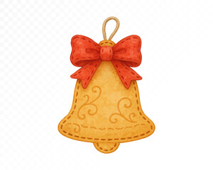 Felt Christmas bell ornament with stitched edges, decorated with elegant swirls and a red bow, cozy handmade festive holiday hanging decoration. Watercolor vector illustration.