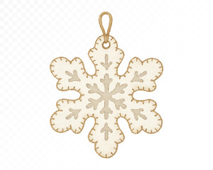 Felt snowflake ornament with stitched edges, white textile decoration for Christmas and winter holidays, cozy handmade festive hanging accessory. Watercolor vector illustration.