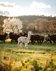 Fototapeta premium White alpaca amidst a herd
