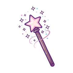 A whimsical cartoon magic wand with a pink star tip, emitting purple and pink sparkles and swirls.