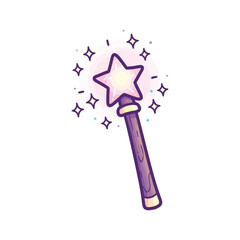 A whimsical cartoon magic wand with a glowing purple star and sparkling effects on a white background.