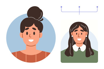 Two smiling female avatars in flat style, one with a bun and one with long hair, linked by a subtle connection line. Ideal for profiles, communication, teamwork, networking, community, organization
