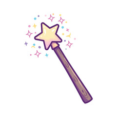 A whimsical cartoon magic wand with a glowing yellow star and colorful sparkles, isolated on a white background.