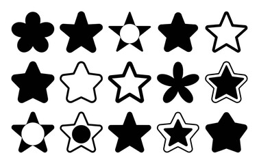 Collection of Black and White Star and Flower Icons on White Background