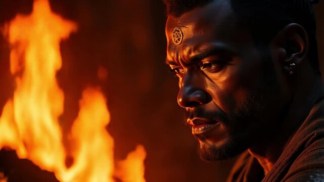 Lord Shani's close-up face emerges from a burning inferno, a 4k video capturing the powerful deity against a dramatic, fiery backdrop.