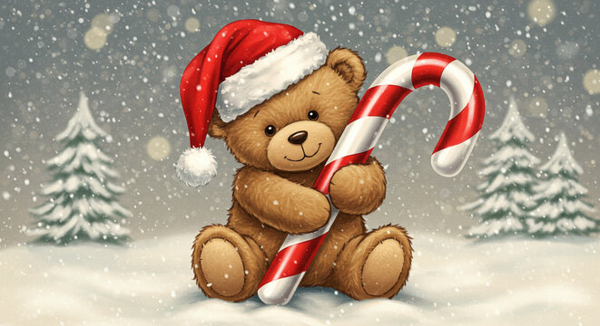 Cute teddy bear in a Christmas hat holding a candy cane in snow  