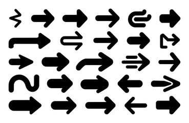 Collection of Black Arrows Pointing in Various Directions on White Background