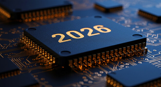 Computer chip with the number 2026 on a circuit board background   - Powered by Adobe