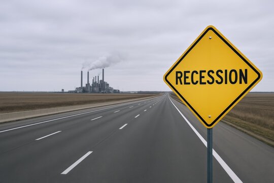Recession Ahead: Yellow Warning Sign on Empty Highway Symbolizing Economic Downturn and Industrial Decline