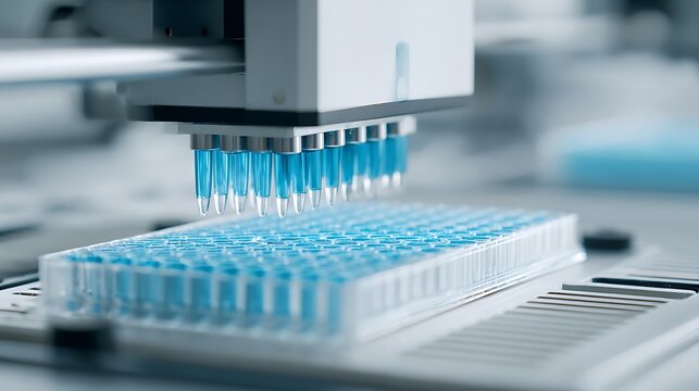 Close-up of automated liquid handling robot arranging microplates under sterile laboratory hood