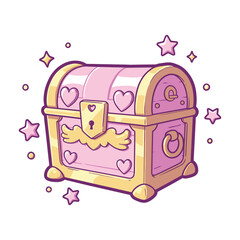 A whimsical cartoon treasure chest, pink and gold with heart decorations, golden wings, and sparkling stars, isolated on a white background.