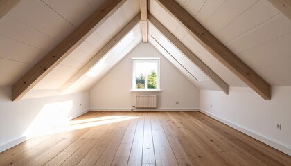 Interior view of a bright, airy attic room with wooden floors and beams