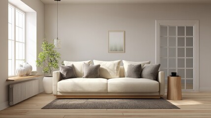 Modern Living Room Interior with Neutral Colors, Comfortable Sofa, and Natural Light for Relaxation
