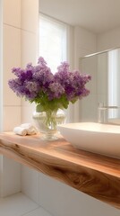 Elegant Bathroom Interior with Fresh Lilacs: Clean Design and Natural Wood Accents for Modern Living