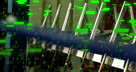 Metal rods static before green binary code drifting, representing digital transformation - Powered by Adobe