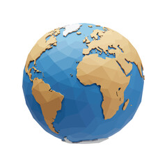 A stylized, low-poly 3D rendering of planet Earth, featuring geometric continents and oceans on a white background.
