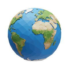 A stylized low-polygon 3D rendering of planet Earth, showing the continents of Africa, Europe, and South America on a white background.